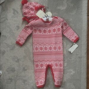 Max Studio Red & White Fair Isle Knit Footie with Pom Hat